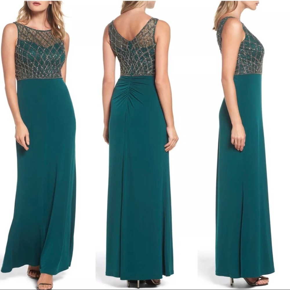 NWT! Adrianna Papell Beaded Bodice‎ Column Gown Hunter [ SZ 2 ]